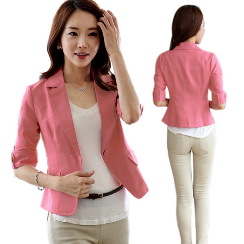 Women Girl Casual Short Blazer Coat 3/4 Sleeve One Button Jacket Tops